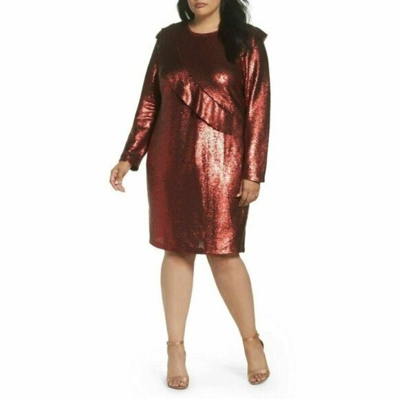 Glamorous Curve Sequin Shift Dress 16 Long Sleeve Ruffle Plus Size Red NWT $179 - Picture 11 of 11
